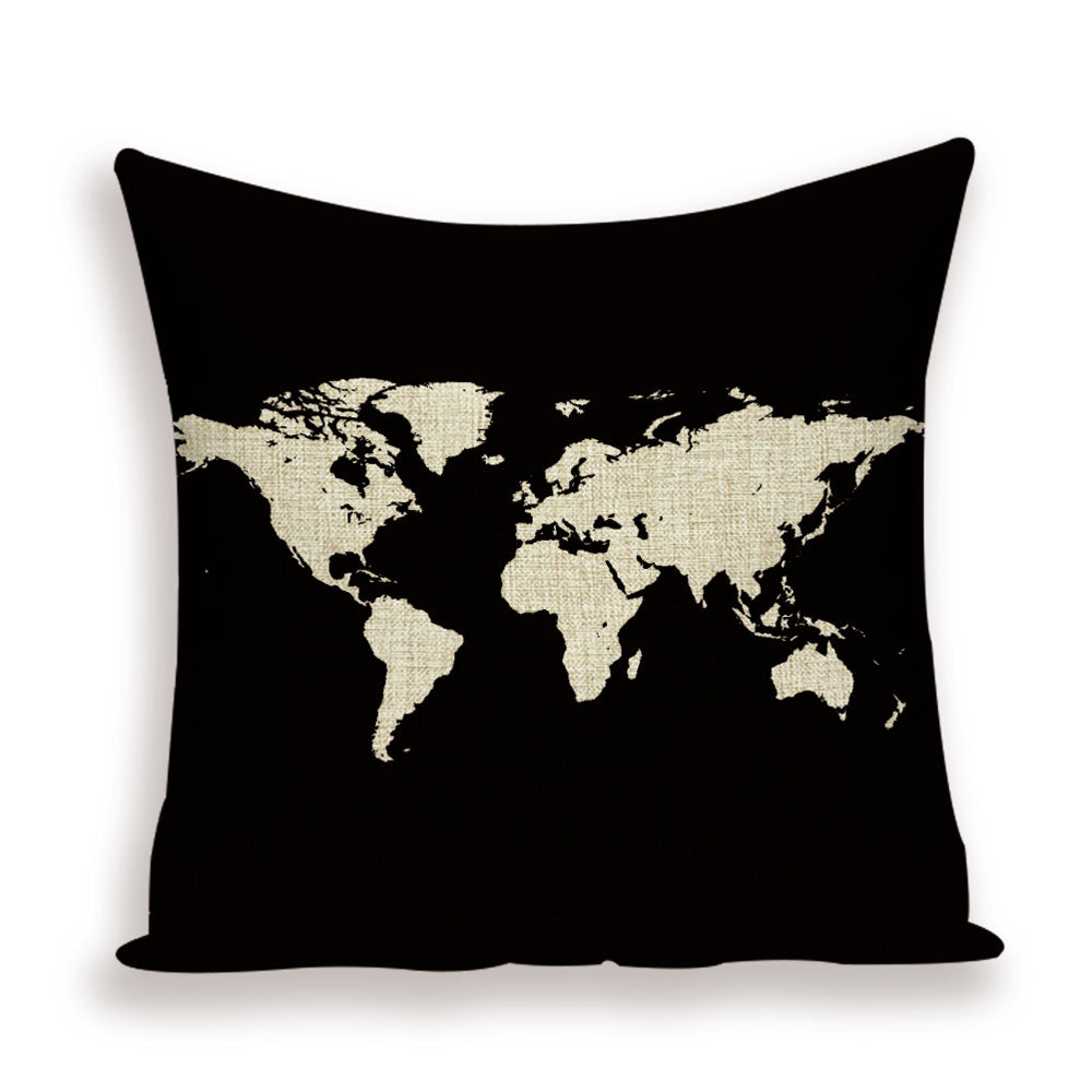 Black and White World Map Cushion Cover